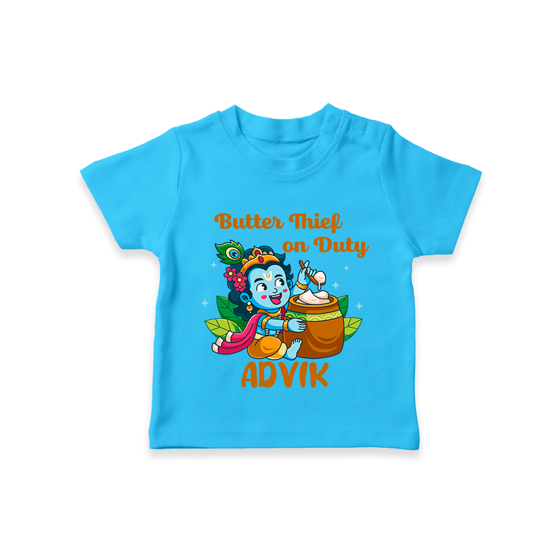 Butter Thief On Duty TShirt | Personalized Baby TShirt for Krishna's Mischief - SKY BLUE - 0-5 Months Old (Chest 17")