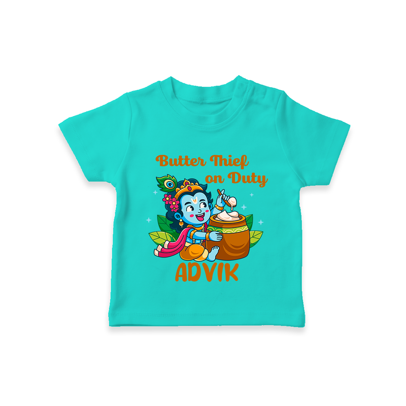 Butter Thief On Duty TShirt | Personalized Baby TShirt for Krishna's Mischief - TEAL - 0-5 Months Old (Chest 17")