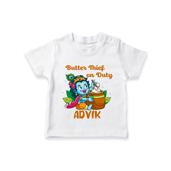 Butter Thief On Duty TShirt | Personalized Baby TShirt for Krishna's Mischief - WHITE - 0-5 Months Old (Chest 17")
