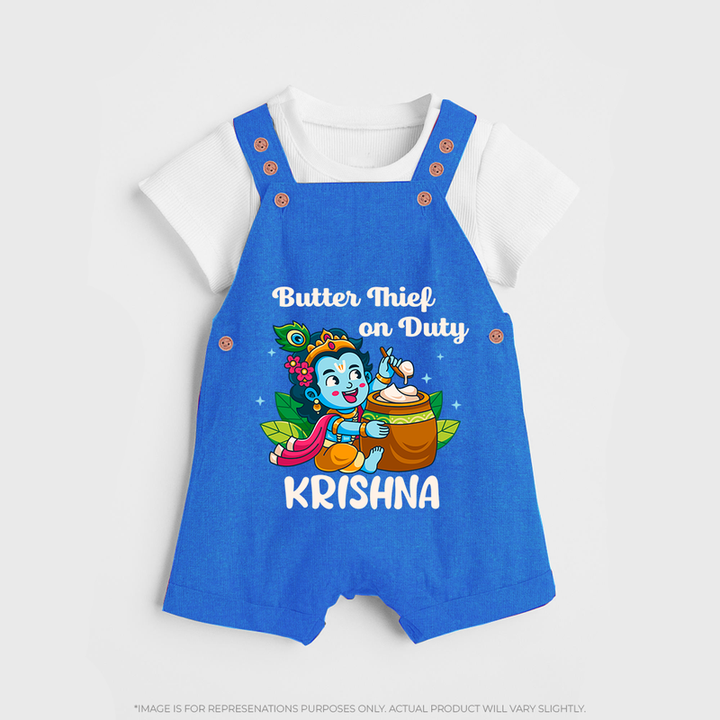 Butter Thief On Duty Dungaree Set | Personalized Baby Dungaree Set for Krishna's Mischief - COBALT BLUE - 0 - 5 Months Old (Chest 18")
