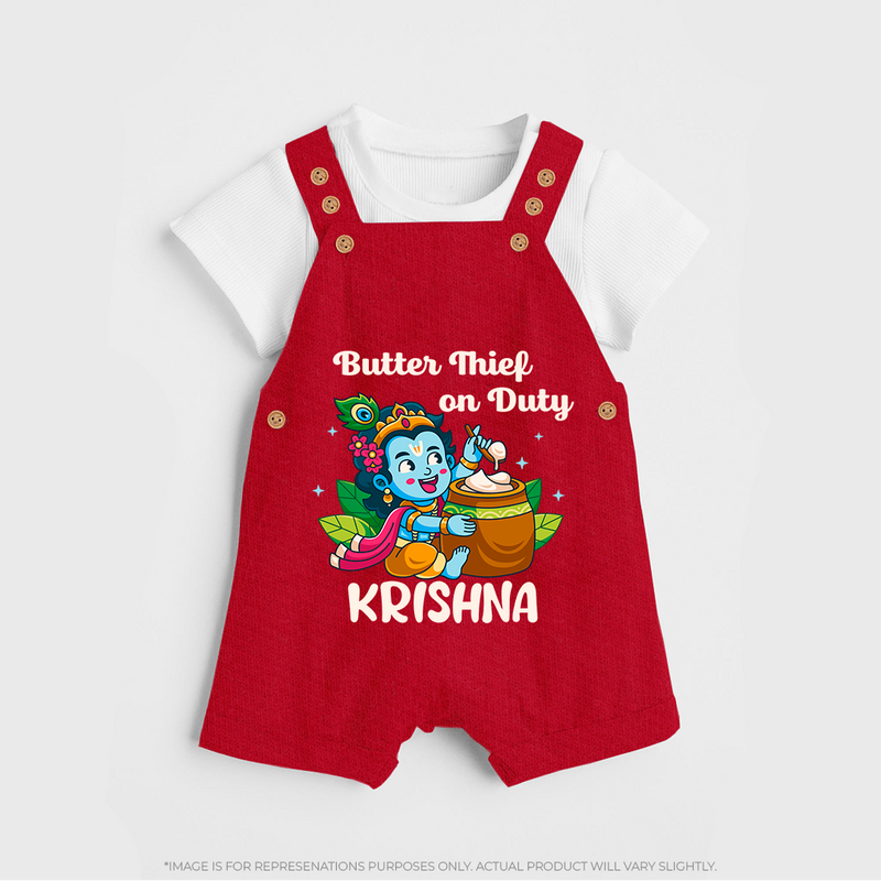 Butter Thief On Duty Dungaree Set | Personalized Baby Dungaree Set for Krishna's Mischief - RED - 0 - 5 Months Old (Chest 18")