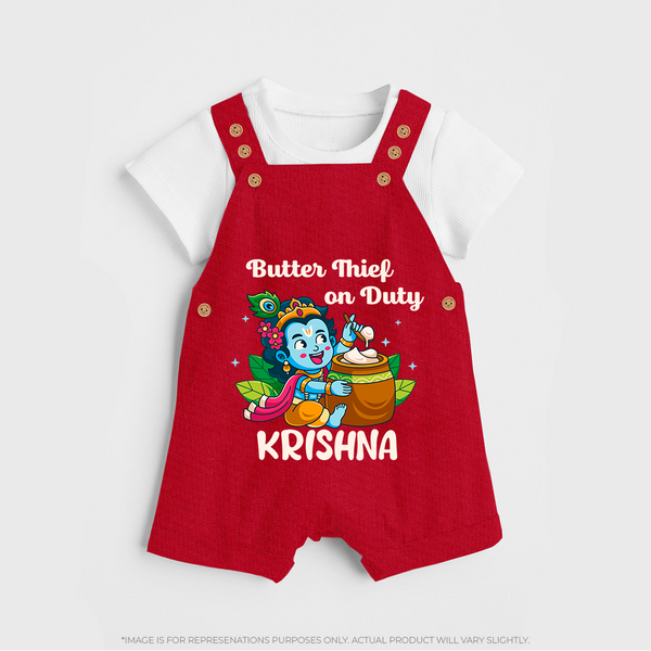 Butter Thief On Duty Dungaree Set | Personalized Baby Dungaree Set for Krishna's Mischief - RED - 0 - 5 Months Old (Chest 18")
