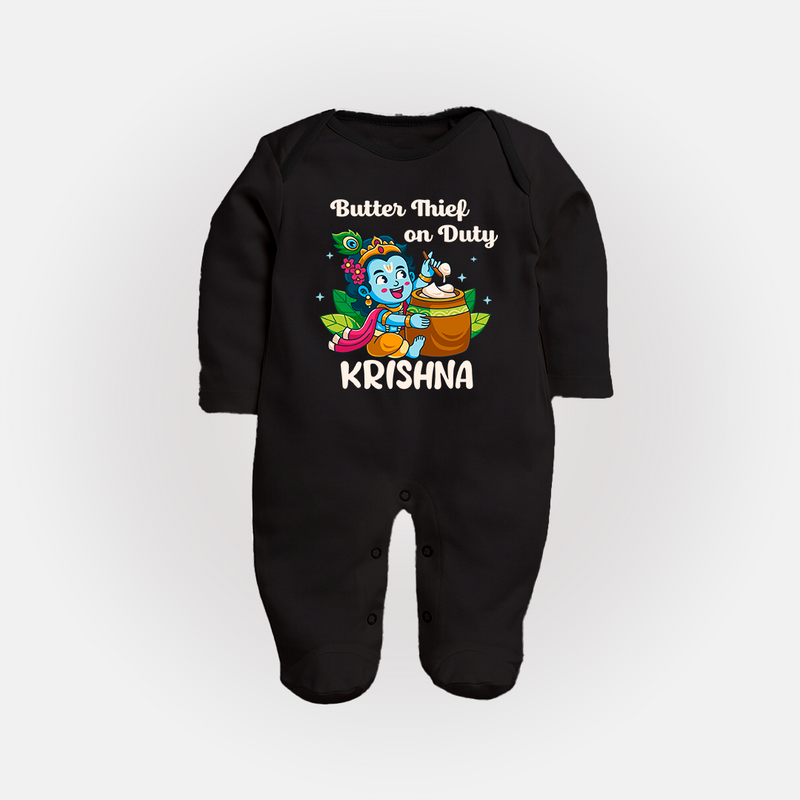 Butter Thief On Duty Sleep Suit | Personalized Baby Sleep Suit for Krishna's Mischief - BLACK - New Born (Chest 7.5")