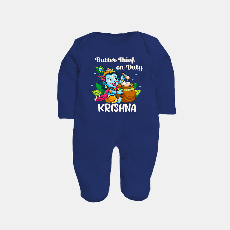 Butter Thief On Duty Sleep Suit | Personalized Baby Sleep Suit for Krishna's Mischief - NAVY BLUE - New Born (Chest 7.5")