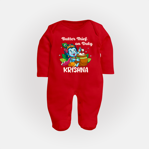 Butter Thief On Duty Sleep Suit | Personalized Baby Sleep Suit for Krishna's Mischief - RED - New Born (Chest 7.5")