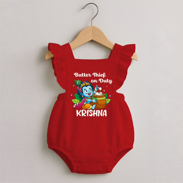 Butter Thief On Duty Romper Frock | Personalized Baby Romper Frock for Krishna's Mischief - RED - 0 - 3 Months Old (Chest 19")