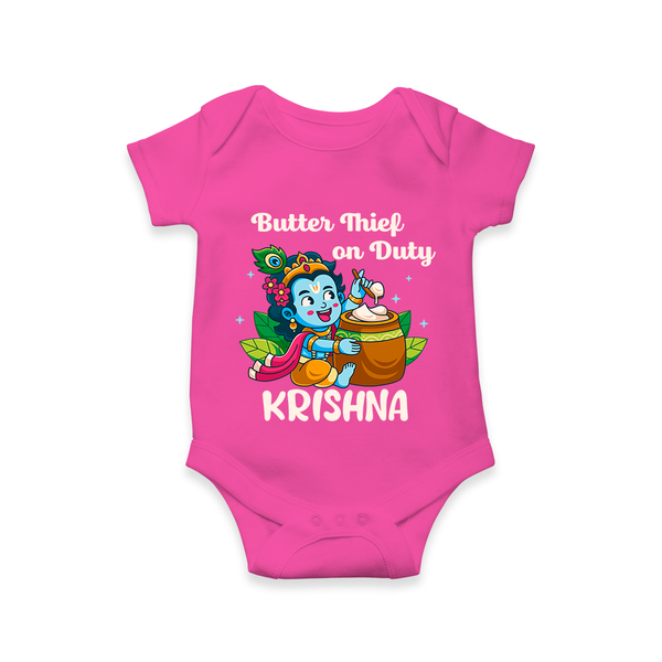 Butter Thief On Duty Romper / onesie | Personalized Baby Romper / onesie for Krishna's Mischief - HOT PINK - New Born (Chest 14")