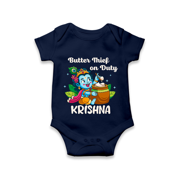Butter Thief On Duty Romper / onesie | Personalized Baby Romper / onesie for Krishna's Mischief - NAVY BLUE - New Born (Chest 14")