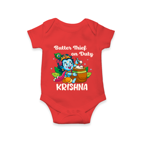 Butter Thief On Duty Romper / onesie | Personalized Baby Romper / onesie for Krishna's Mischief - RED - New Born (Chest 14")