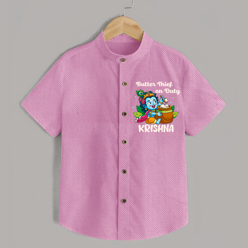 Butter Thief On Duty Shirt | Personalized Baby Shirt for Krishna's Mischief - BABY PINK - 0 - 6 Months Old (Chest 23")