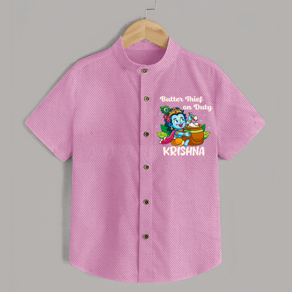 Butter Thief On Duty Shirt | Personalized Baby Shirt for Krishna's Mischief - BABY PINK - 0 - 6 Months Old (Chest 23")