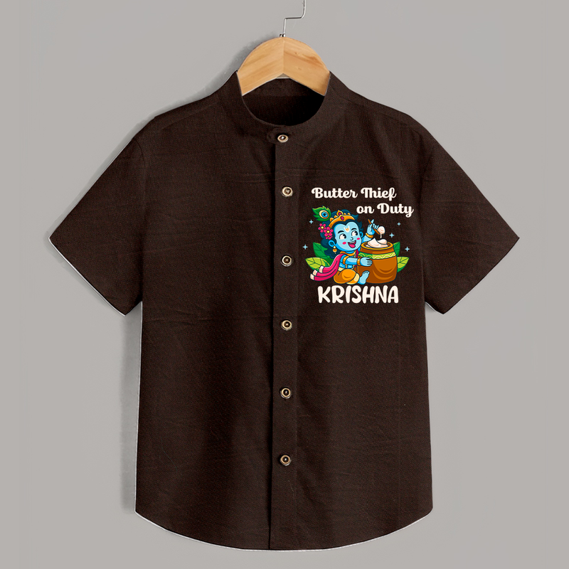 Butter Thief On Duty Shirt | Personalized Baby Shirt for Krishna's Mischief - CHOCOLATE BROWN - 0 - 6 Months Old (Chest 23")