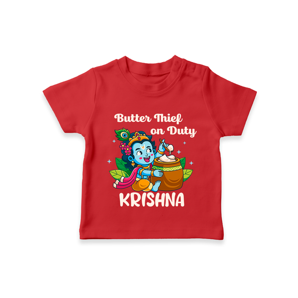 Butter Thief On Duty TShirt | Personalized Baby TShirt for Krishna's Mischief - RED - 0-5 Months Old (Chest 17")