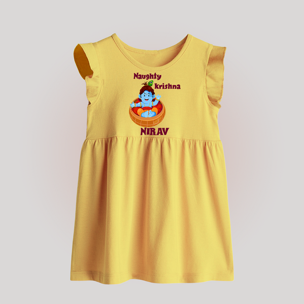 Naughty Krishna Baby Frock | Personalized Baby Frock for Your Little Mischief Maker - PASTEL YELLOW - 0 - 3 Months Old (Chest 17")