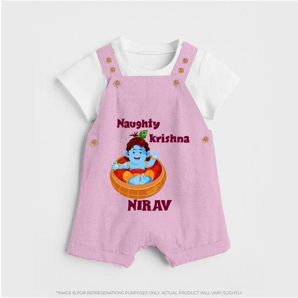 Naughty Krishna Dungaree Set | Personalized Baby Dungaree Set for Your Little Mischief Maker - BABY PINK - 0 - 5 Months Old (Chest 18")