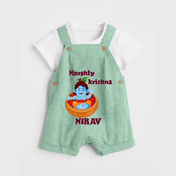 Naughty Krishna Dungaree Set | Personalized Baby Dungaree Set for Your Little Mischief Maker - MINT GREEN - 0 - 5 Months Old (Chest 18")