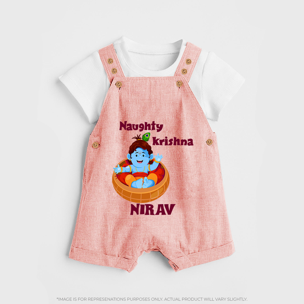 Naughty Krishna Dungaree Set | Personalized Baby Dungaree Set for Your Little Mischief Maker - PEACH - 0 - 5 Months Old (Chest 18")