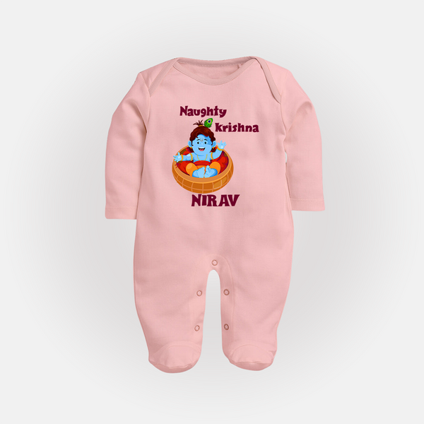 Naughty Krishna Sleep Suit | Personalized Baby Sleep Suit for Your Little Mischief Maker - BABY PINK - New Born (Chest 7.5")