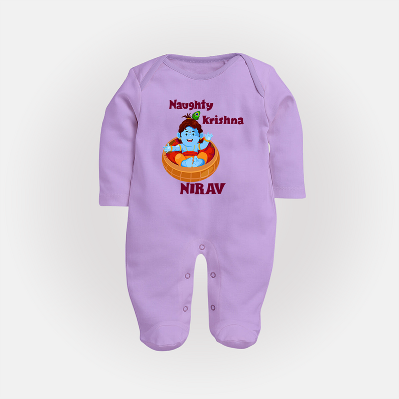 Naughty Krishna Sleep Suit | Personalized Baby Sleep Suit for Your Little Mischief Maker - LILAC - New Born (Chest 7.5")