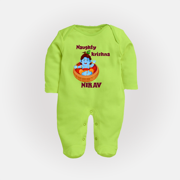Naughty Krishna Sleep Suit | Personalized Baby Sleep Suit for Your Little Mischief Maker - LIME GREEN - New Born (Chest 7.5")