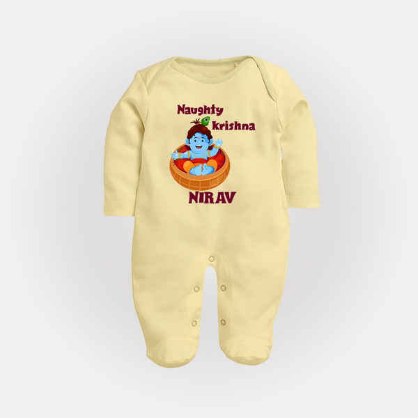Naughty Krishna Sleep Suit | Personalized Baby Sleep Suit for Your Little Mischief Maker - PASTEL YELLOW - New Born (Chest 7.5")