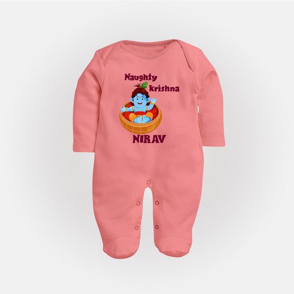 Naughty Krishna Sleep Suit | Personalized Baby Sleep Suit for Your Little Mischief Maker - PEACH - New Born (Chest 7.5")
