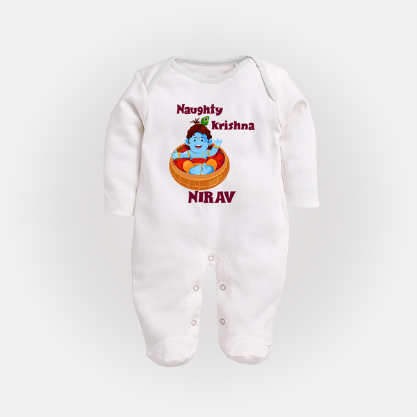 Naughty Krishna Sleep Suit | Personalized Baby Sleep Suit for Your Little Mischief Maker - WHITE - New Born (Chest 7.5")