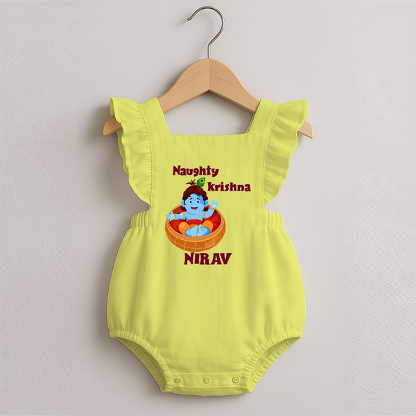 Naughty Krishna Romper Frock | Personalized Baby Romper Frock for Your Little Mischief Maker - PASTEL YELLOW - 0 - 3 Months Old (Chest 19")