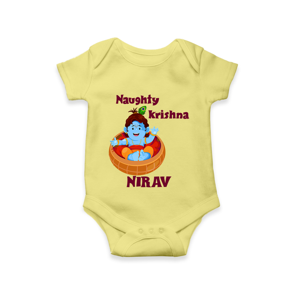 Naughty Krishna Romper / onesie | Personalized Baby Romper / onesie for Your Little Mischief Maker - PASTEL YELLOW - New Born (Chest 14")