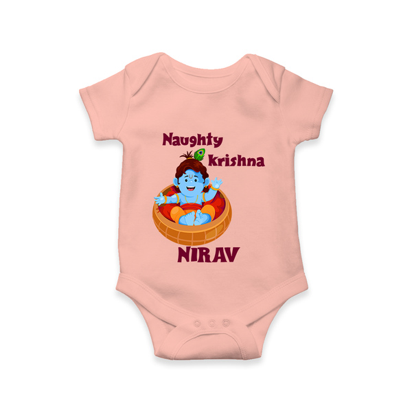 Naughty Krishna Romper / onesie | Personalized Baby Romper / onesie for Your Little Mischief Maker - PEACH - New Born (Chest 14")