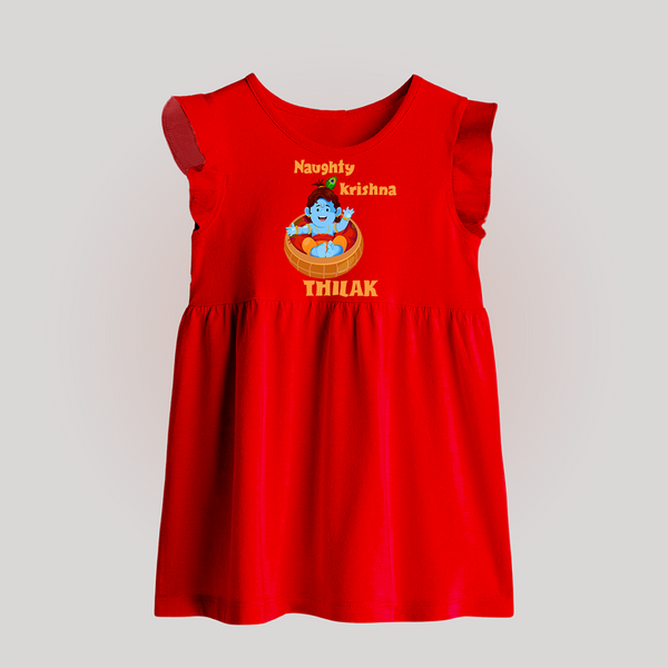 Naughty Krishna Baby Frock | Personalized Baby Frock for Your Little Mischief Maker - RED - 0 - 3 Months Old (Chest 17")