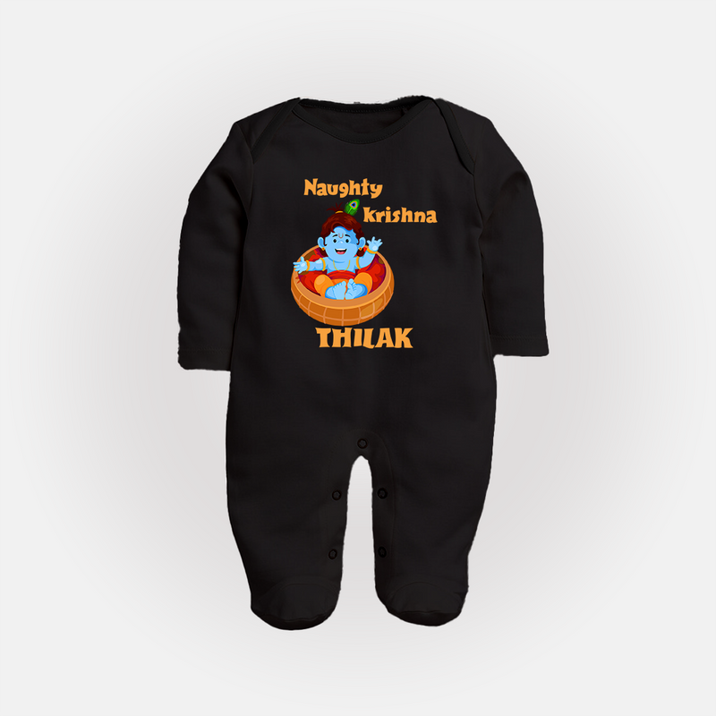 Naughty Krishna Sleep Suit | Personalized Baby Sleep Suit for Your Little Mischief Maker - BLACK - New Born (Chest 7.5")