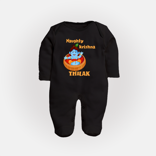 Naughty Krishna Sleep Suit | Personalized Baby Sleep Suit for Your Little Mischief Maker - BLACK - New Born (Chest 7.5")
