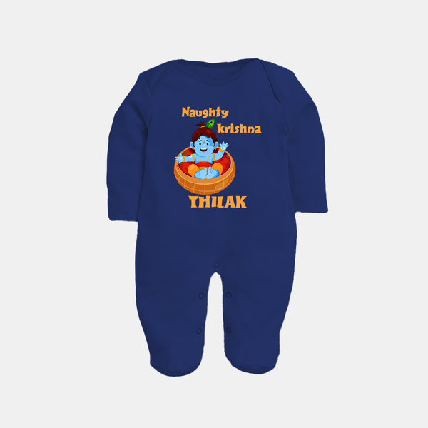 Naughty Krishna Sleep Suit | Personalized Baby Sleep Suit for Your Little Mischief Maker - NAVY BLUE - New Born (Chest 7.5")