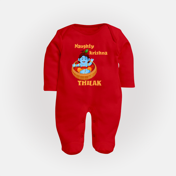 Naughty Krishna Sleep Suit | Personalized Baby Sleep Suit for Your Little Mischief Maker - RED - New Born (Chest 7.5")