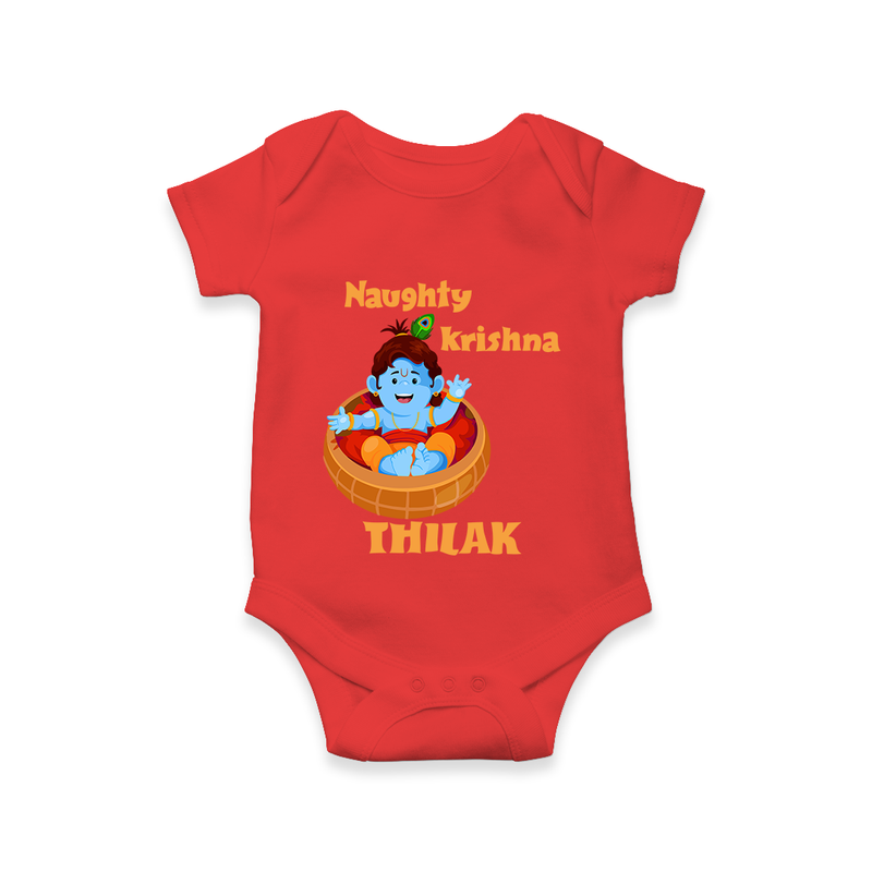Naughty Krishna Romper / onesie | Personalized Baby Romper / onesie for Your Little Mischief Maker - RED - New Born (Chest 14")