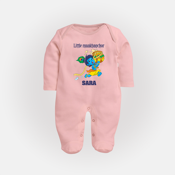 Little Maakhanchor Sleep Suit | Custom Sleep Suit for Krishna's Little Butter Thief - BABY PINK - New Born (Chest 7.5")