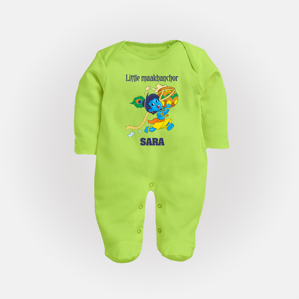 Little Maakhanchor Sleep Suit | Custom Sleep Suit for Krishna's Little Butter Thief - LIME GREEN - New Born (Chest 7.5")