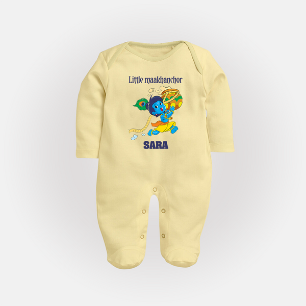 Little Maakhanchor Sleep Suit | Custom Sleep Suit for Krishna's Little Butter Thief - PASTEL YELLOW - New Born (Chest 7.5")
