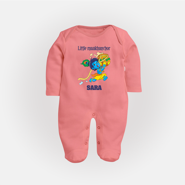Little Maakhanchor Sleep Suit | Custom Sleep Suit for Krishna's Little Butter Thief - PEACH - New Born (Chest 7.5")