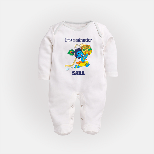 Little Maakhanchor Sleep Suit | Custom Sleep Suit for Krishna's Little Butter Thief - WHITE - New Born (Chest 7.5")