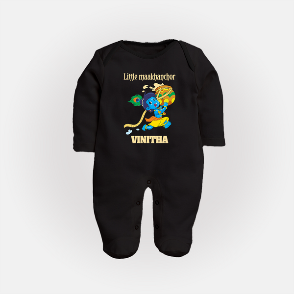 Little Maakhanchor Sleep Suit | Custom Sleep Suit for Krishna's Little Butter Thief - BLACK - New Born (Chest 7.5")