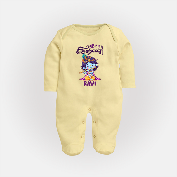 Kutty Krishna Sleep Suit/full sleeve body suit | Personalized  Sleep Suit/full sleeve body suit for Krishna Jayanthi - PASTEL YELLOW - New Born (Chest 7.5")