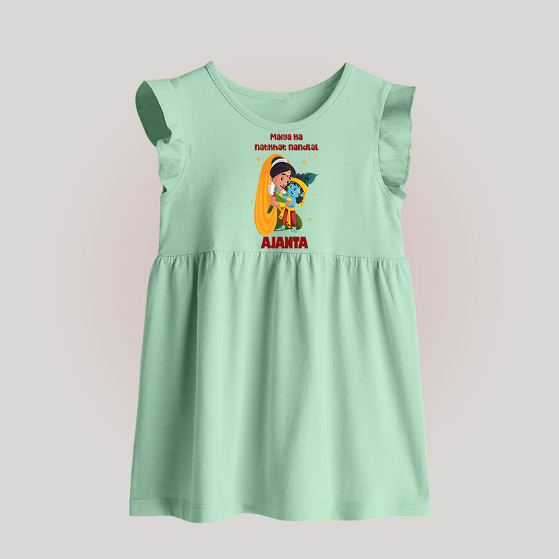 Maiya Ka Natkhat Nandlal Baby Frock | Personalized Baby Frock for Krishna's Mischievous Side - MINT GREEN - 0 - 3 Months Old (Chest 17")