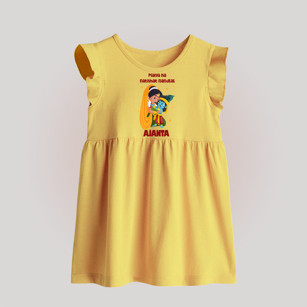 Maiya Ka Natkhat Nandlal Baby Frock | Personalized Baby Frock for Krishna's Mischievous Side - PASTEL YELLOW - 0 - 3 Months Old (Chest 17")