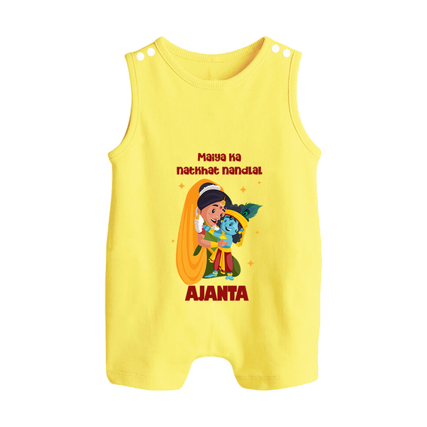Maiya Ka Natkhat Nandlal Romper Suit / Sleeveless Romper | Personalized Romper Suit / Sleeveless Romper for Krishna's Mischievous Side - PASTEL YELLOW - 0 - 5 Months Old (Chest 18")