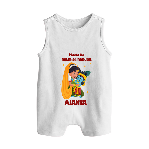 Maiya Ka Natkhat Nandlal Romper Suit / Sleeveless Romper | Personalized Romper Suit / Sleeveless Romper for Krishna's Mischievous Side - WHITE - 0 - 5 Months Old (Chest 18")