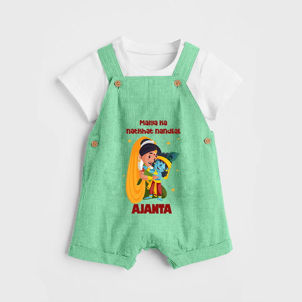 Maiya Ka Natkhat Nandlal Dungaree Set | Personalized Dungaree Set for Krishna's Mischievous Side - GREEN - 0 - 5 Months Old (Chest 18")