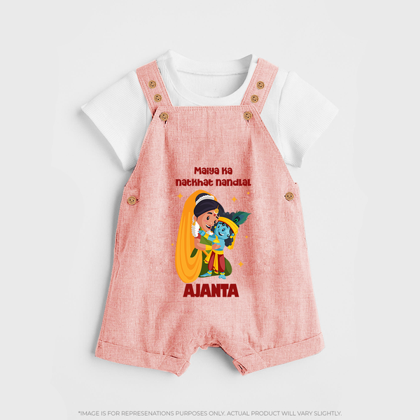 Maiya Ka Natkhat Nandlal Dungaree Set | Personalized Dungaree Set for Krishna's Mischievous Side - PEACH - 0 - 5 Months Old (Chest 18")