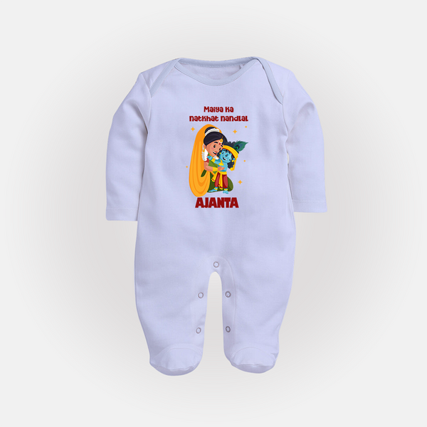 Maiya Ka Natkhat Nandlal Sleep Suit / Full Sleeve Bodysuit | Personalized Sleep Suit / Full Sleeve Bodysuit for Krishna's Mischievous Side - BABY BLUE - New Born (Chest 7.5")